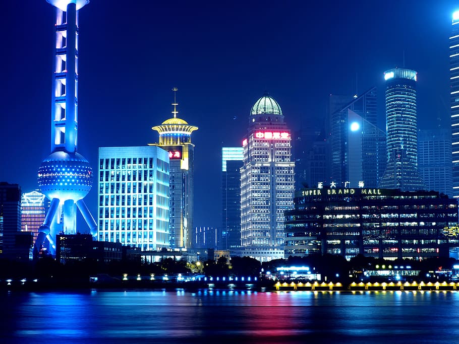 blue, black, city buildings photo, shanghai, oriental pearl tv tower, night view, people's republic of china, river, night, architecture