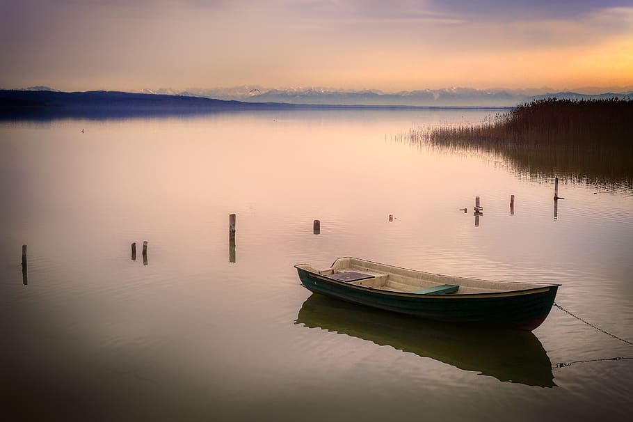 idyll, boat, rest, mood, lake, water, nature, island, ammersee, idyllic