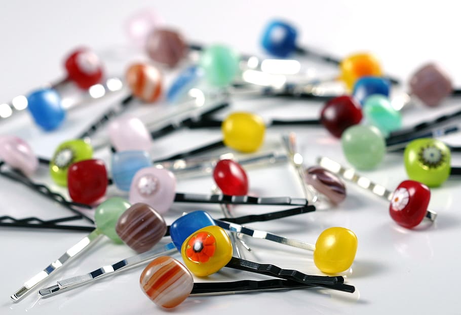assorted-color, beaded, pin lot, hairpins, glass, fused glass, fashion, colorful, accessories, jewelry