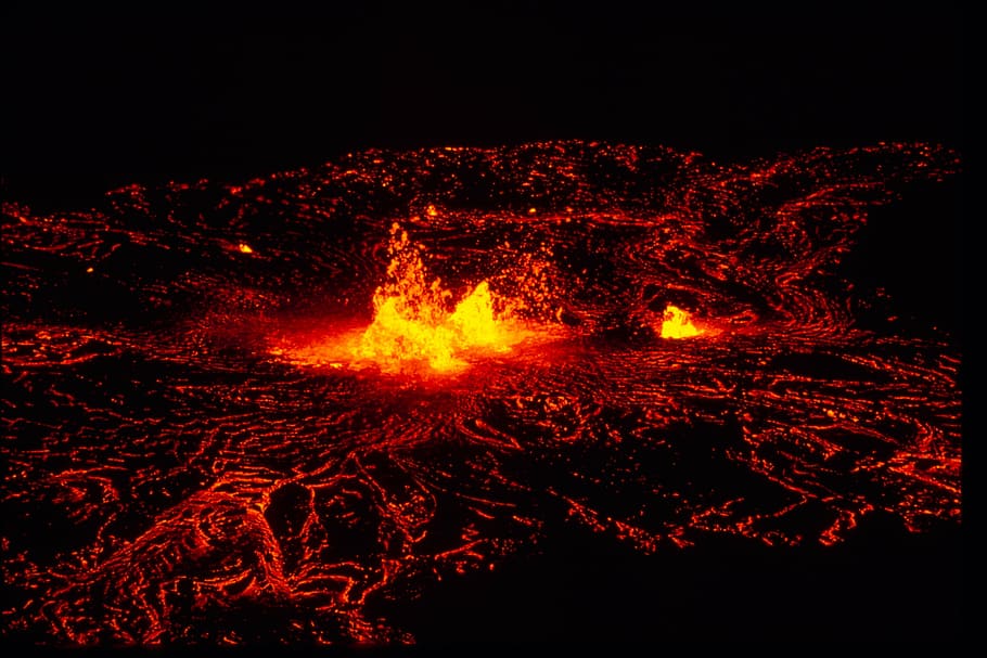 fotografia, lava, vulcânica, caixote, derretido, vulcão, noite, brilhando, calor, geologia