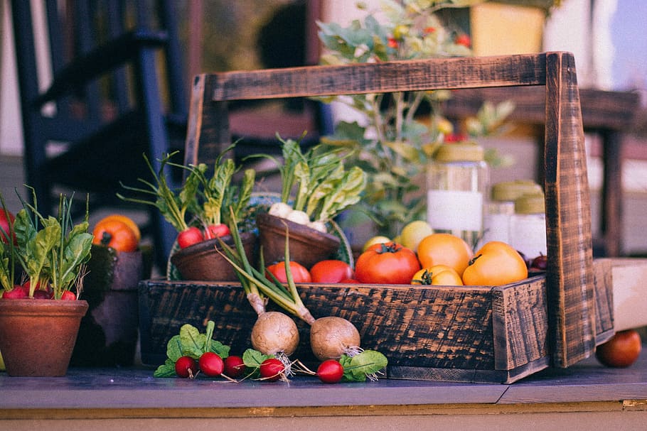 vegetables, brown, wooden, basket, vegetable basket, fruit basket, harvest, thanksgiving, garden, rustic
