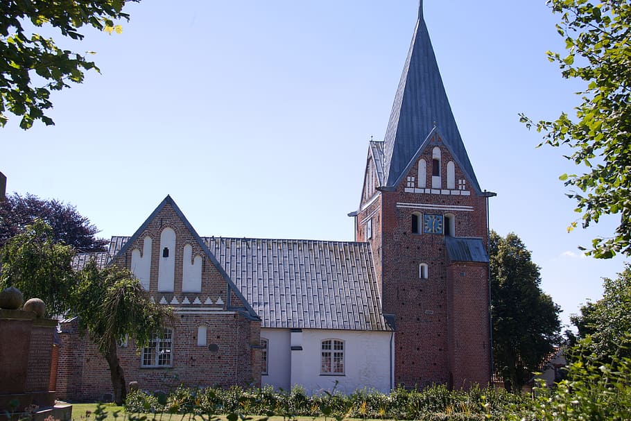 church, spire, tower, løjtland, denmark, religion, holy, masonry, building, built structure