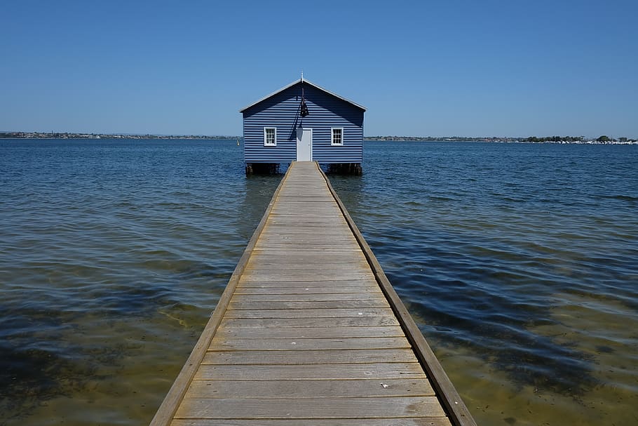 perth, boat house, blue boat house, water, sky, crawley edge, travel, landscape, architecture, built structure