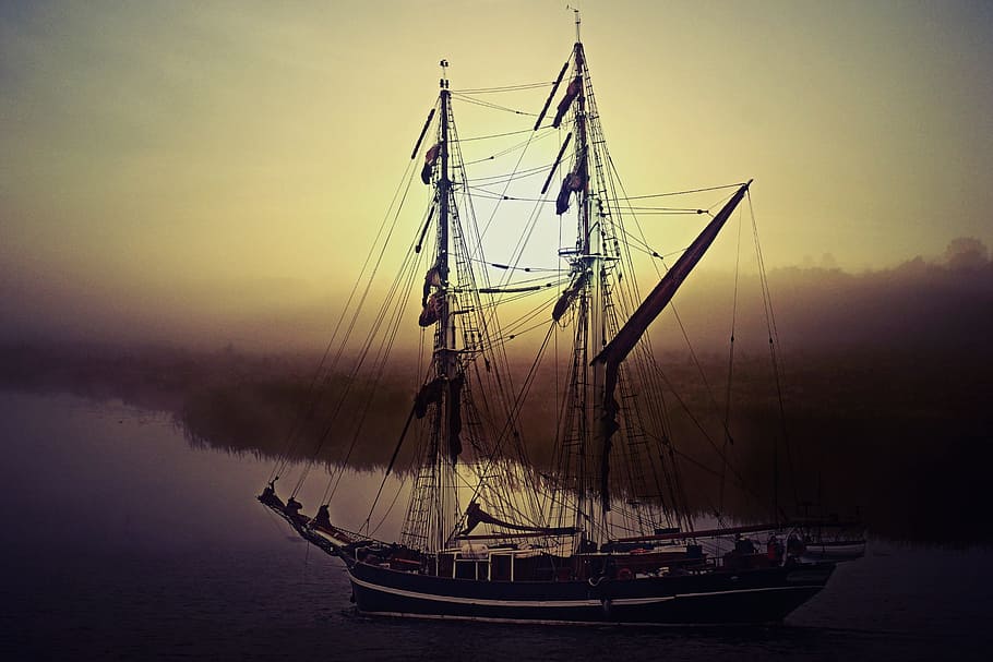 negro, galeón, cuerpo, agua, puesta de sol, barco, velero, navegación, zweimaster, vela