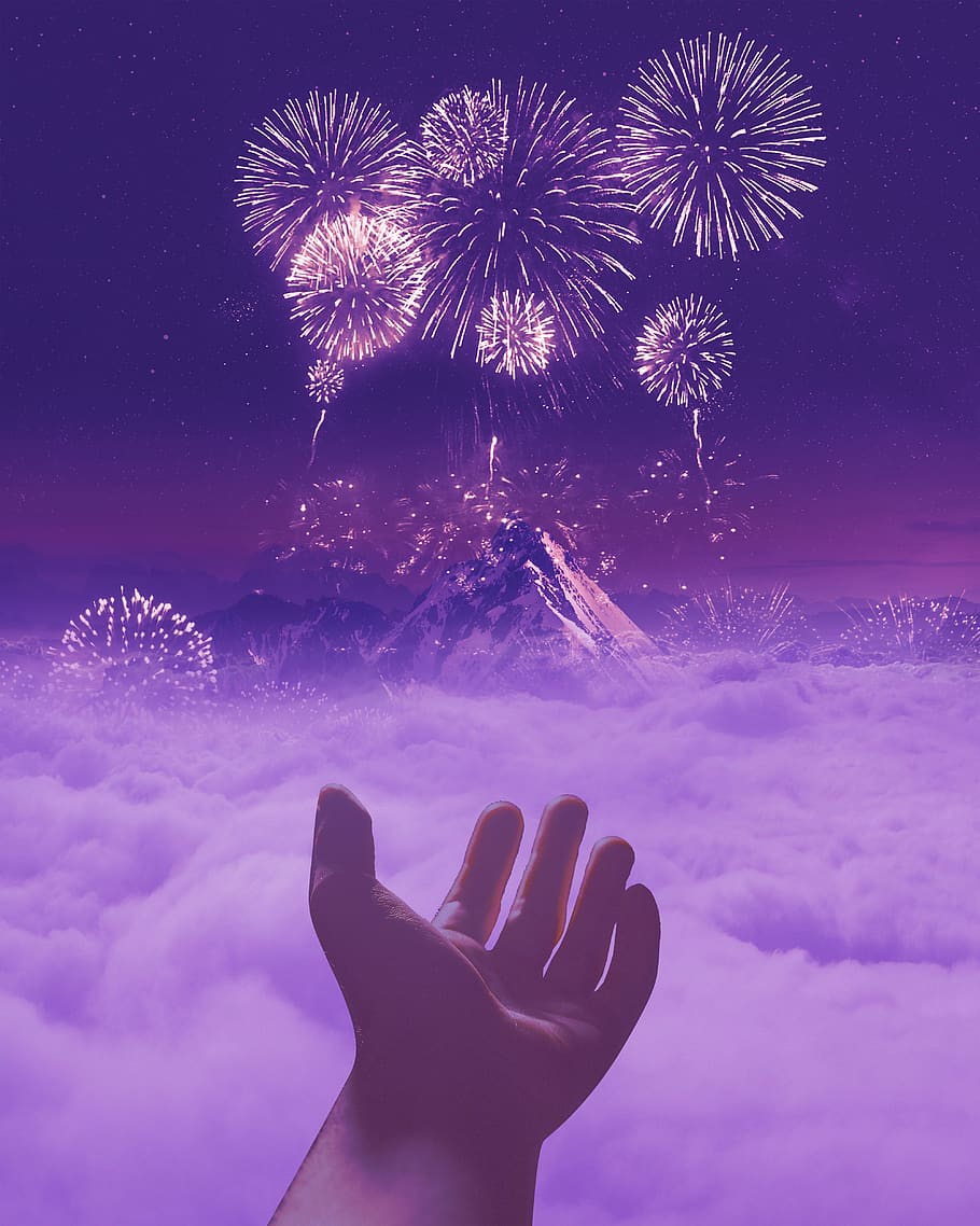 mountain, sky, new year, cloud, galaxy, fireworks, wallpaper, android, ios, beautiful view