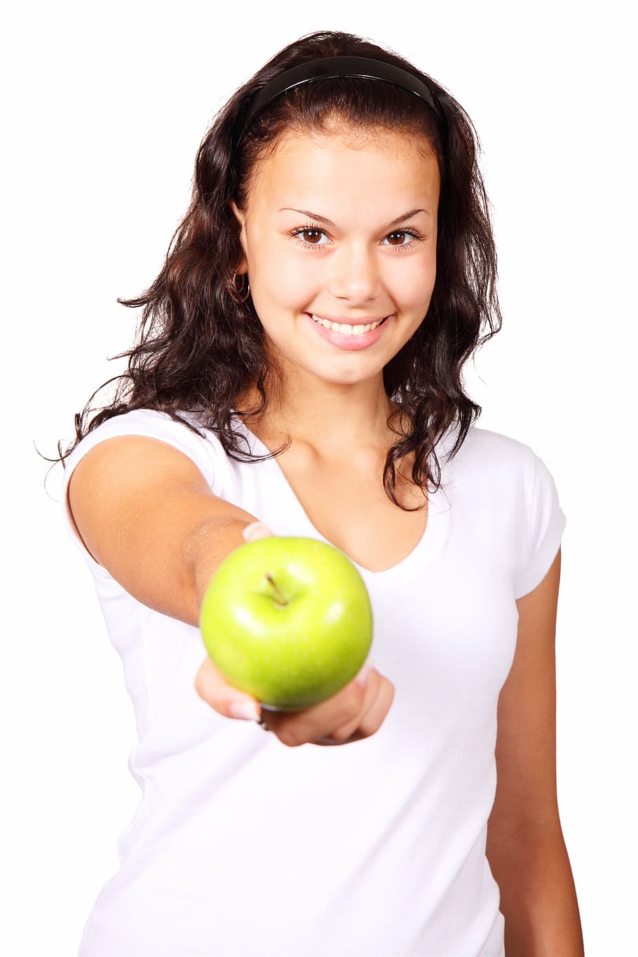 woman, wearing, white, v-neck t-shirt, holding, green, apple, diet, finger, food