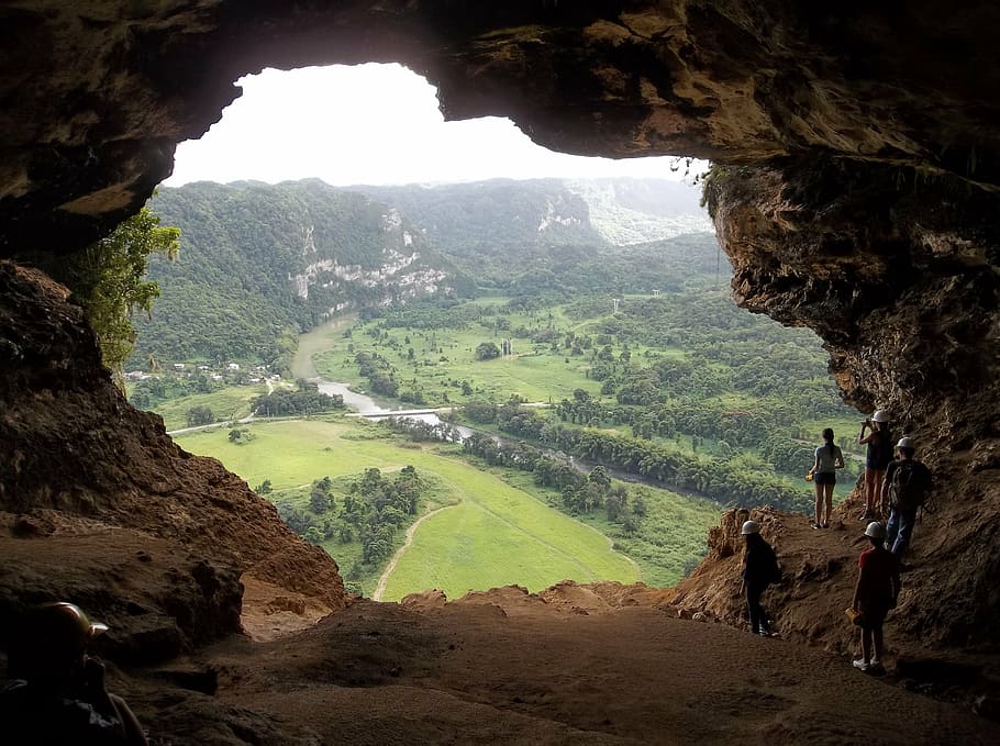 kelompok, orang, gua, lanskap, puerto rico, jendela gua, wilayah karst, gunung, scenics - alam, aktivitas rekreasi