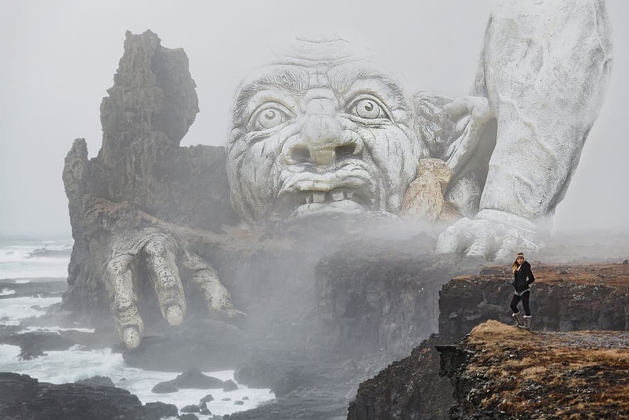 statue, sea, fantasy, fog, composing, mysterious, landscape, woman, coast, cliffs