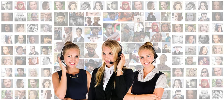 three, women, wearing, headset, woman portrait lot, background, call center, woman, human, personal