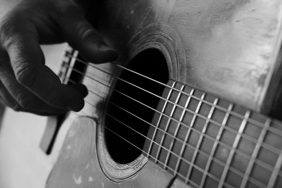 Guitarra, Dedo escogido, Acústica, Mano, blanco y negro, antiguo, gremio, cuerda de acero, folk, bluegrass