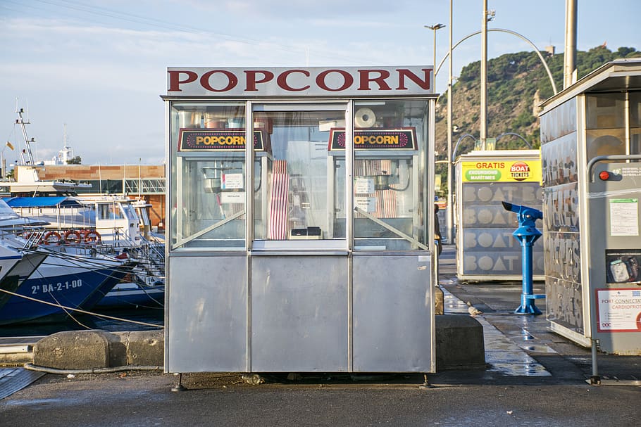 kiosk, barcelona, popcorn, pop corn, corn, dawn, communication, sign, text, architecture