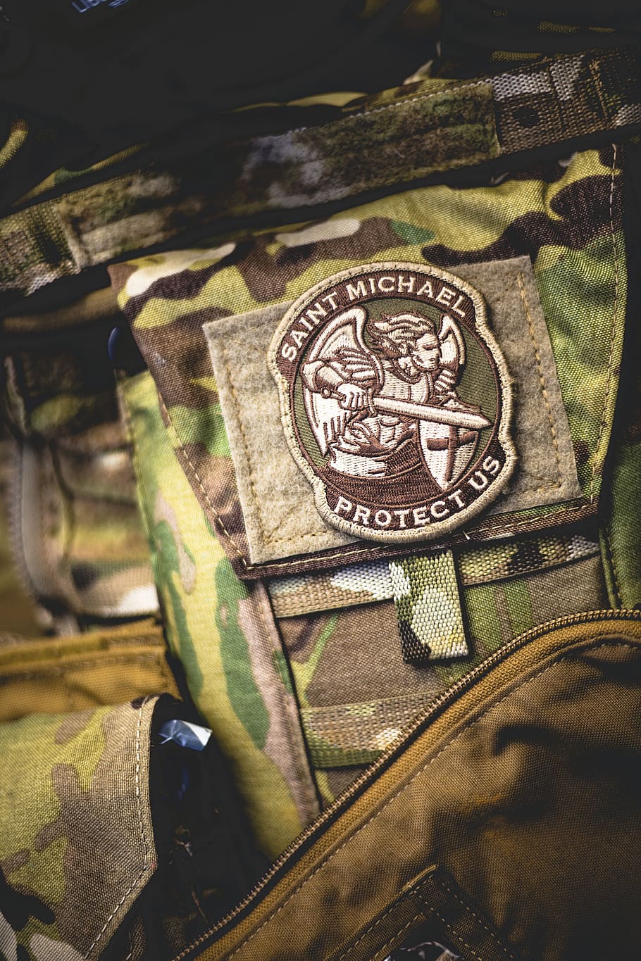patch, saint michael, religion, faith, archangel, army, military, camouflage, metal, close-up