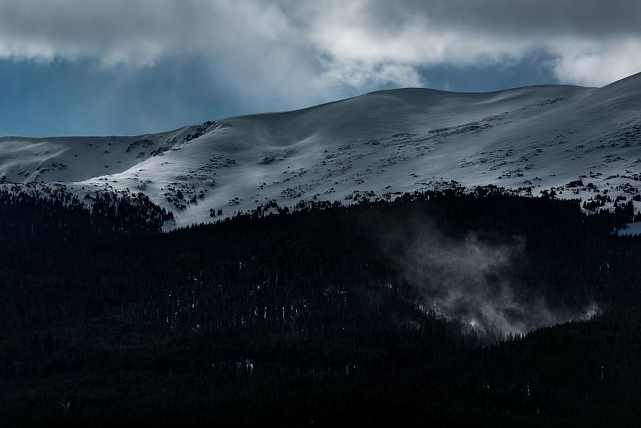 view of mountain, dark, mountain, highland, landscape, nature, cloud, sky, snow, winter