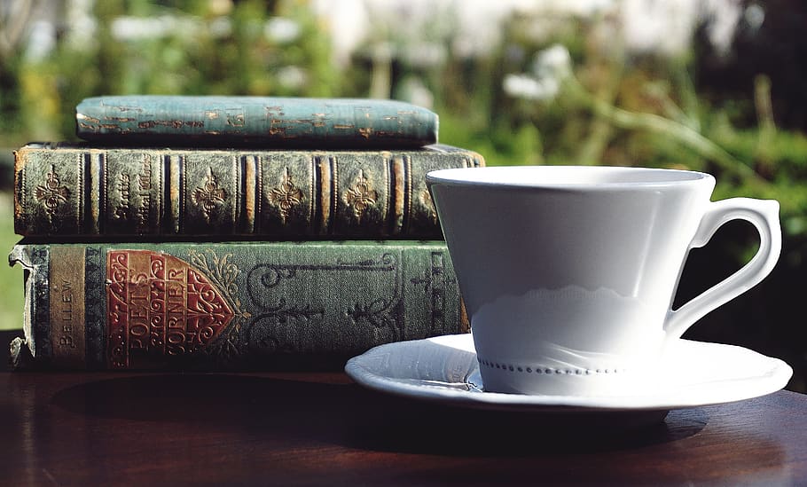 buku, teh, membaca, model tahun, tua, antik, sastra, di luar rumah, waktu luang, bersantai
