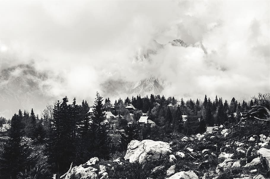 landscape, houses, rocks, boulders, trees, mountains, clouds, black and white, tree, plant