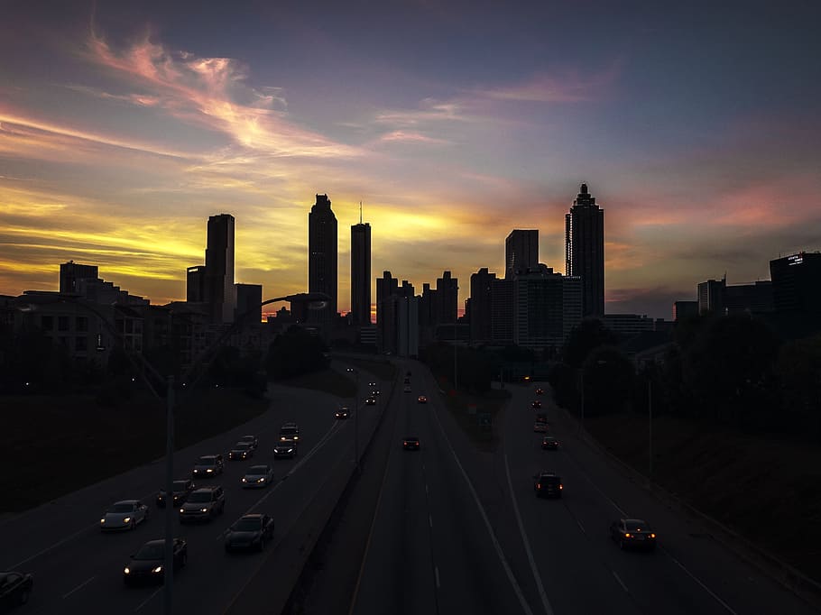 Atlanta, Skyline, Garis Besar, perkotaan, bayangan, matahari terbenam, cityscape, pencakar langit, baru selatan, modern