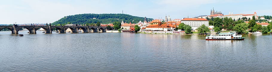 white, boat, body, water, Prague, Panorama, City, Vltava, panorama, city, charles bridge