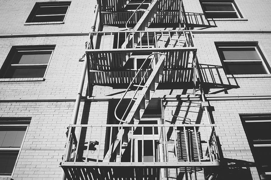 fire escape, emergency stairs, apartment, building, bricks, windows, steps, built structure, architecture, building exterior