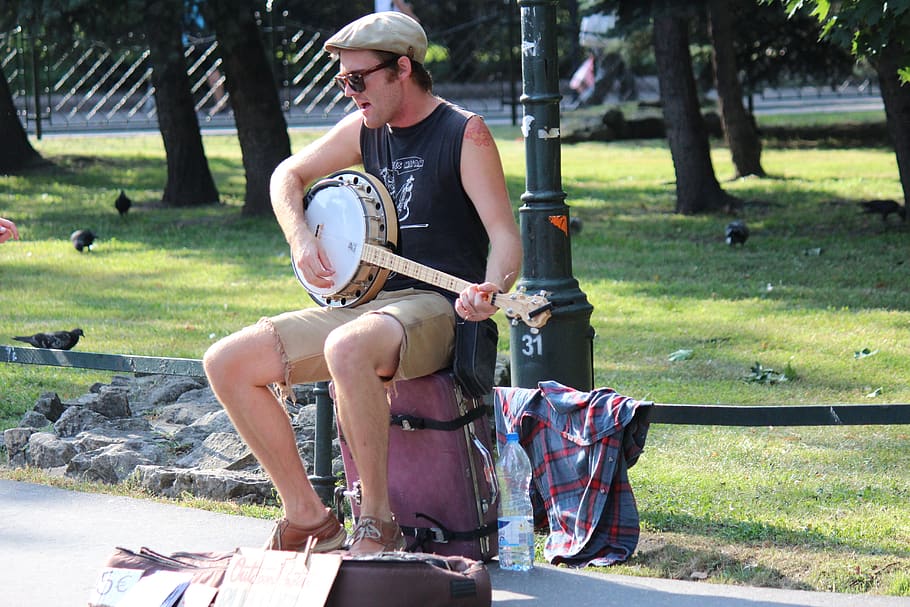 artist, road, musician, park, banjo, stringed instrument, show, concert, street performer, one person