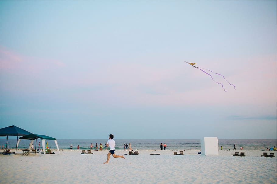 man, running, white, sand, clear, sky, kite, beach, shore, people