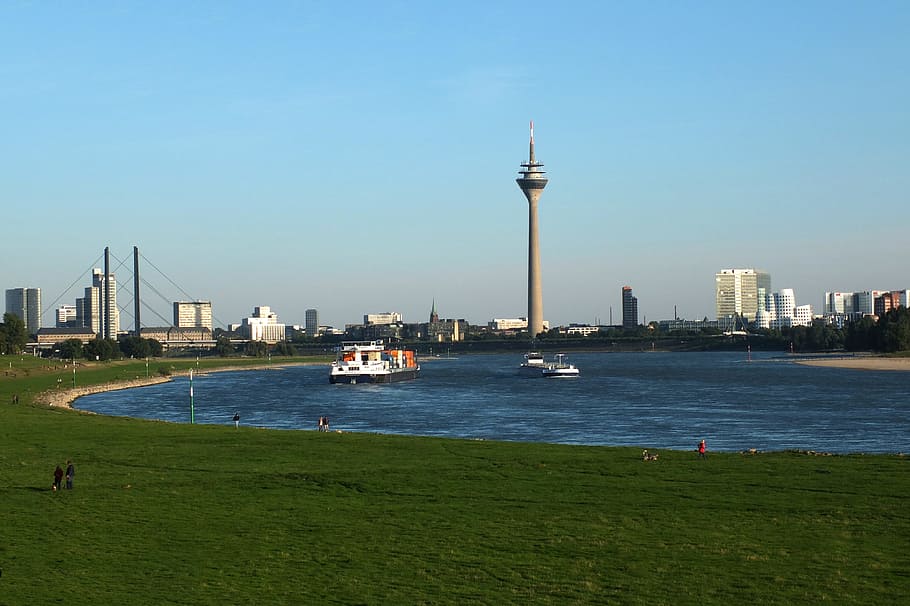 Düsseldorf, City, Skyline, Rhine, niederrhein, river, landscape, river landscape, water, ships