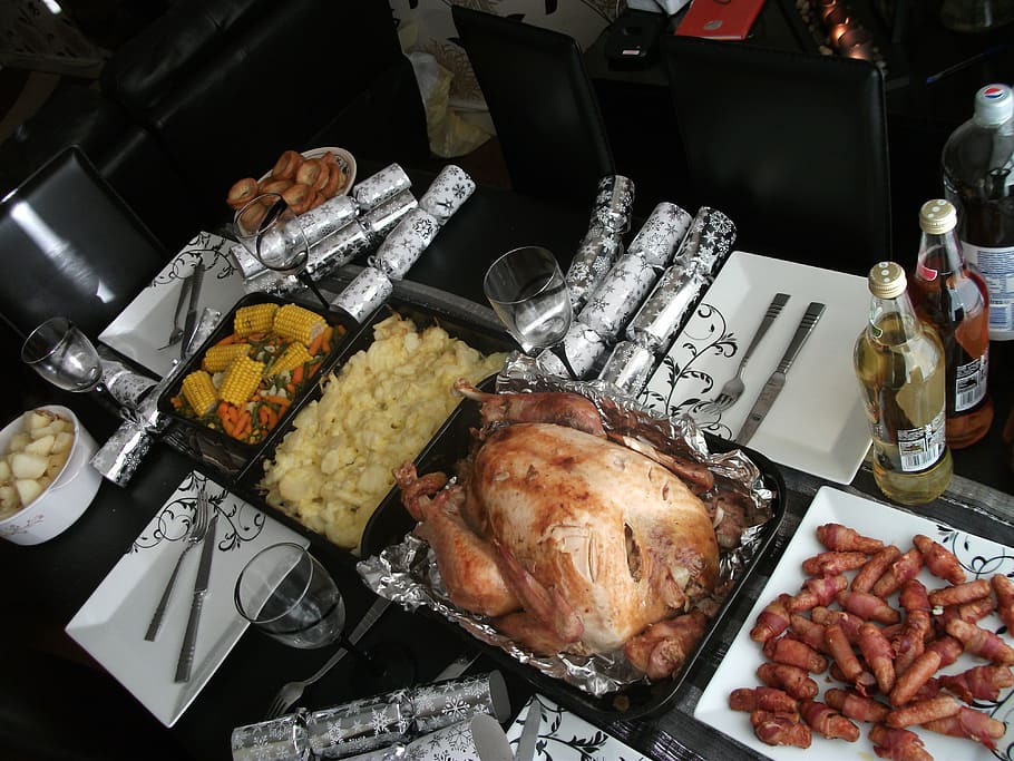 panggang, ayam, piring perak, makan malam natal, natal, kalkun, makanan, makan, daging, kentang