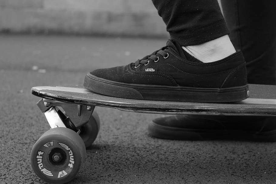 person, stepping, skateboard, vans, skate, shoes, skating, board, female, girl
