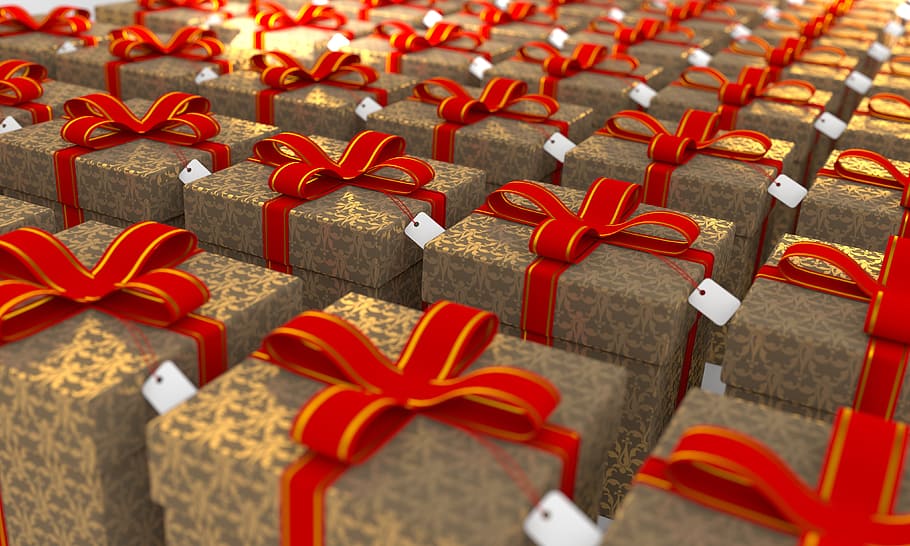 Rojo, marrón, lote de caja de regalo, presente, regalo, caja, vacaciones, Navidad, cinta, celebración