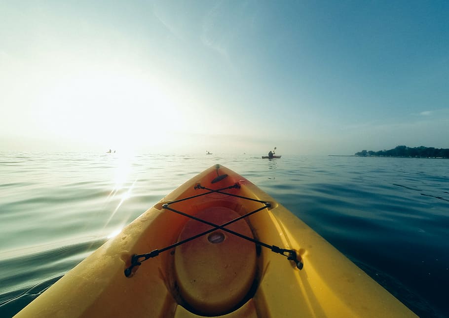 kayak, tubuh, air, kuning, kano, siang hari, danau, sinar matahari, olahraga, kesenangan