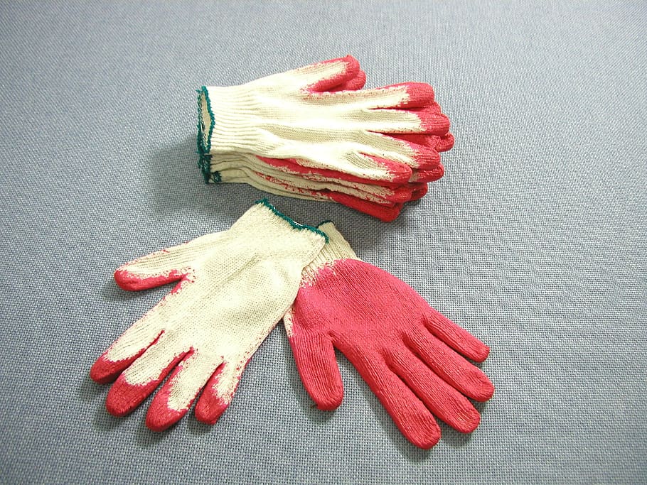 work gloves, gloves, red work gloves, red, indoors, still life, freshness, close-up, food and drink, textile