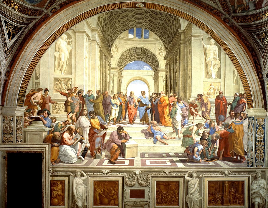 foto, grup, orang-orang, ilustrasi bangunan, lukisan dinding, sekolah athens, raffaello sanzio, 1511, seni, karya seni