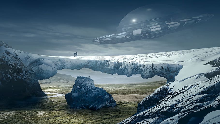 grey, black, space ship illustration, fantasy, landscape, ufo, glacier, mystical, atmosphere, mood