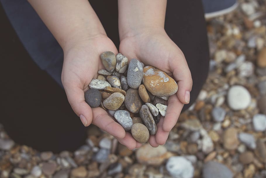 person, holding, gray, brown, pebbles, stones, rocks, hands, beach, one person