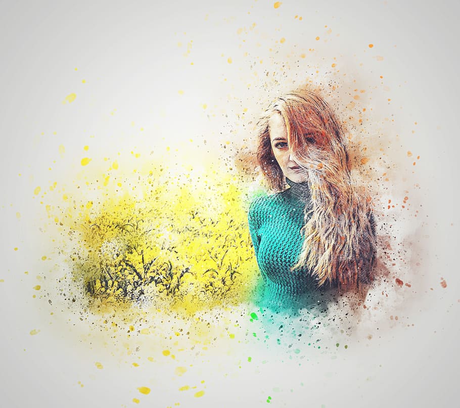 woman, wearing, teal turtleneck sweater illustration, girl, flowers, happy, hair, art, abstract, fashion