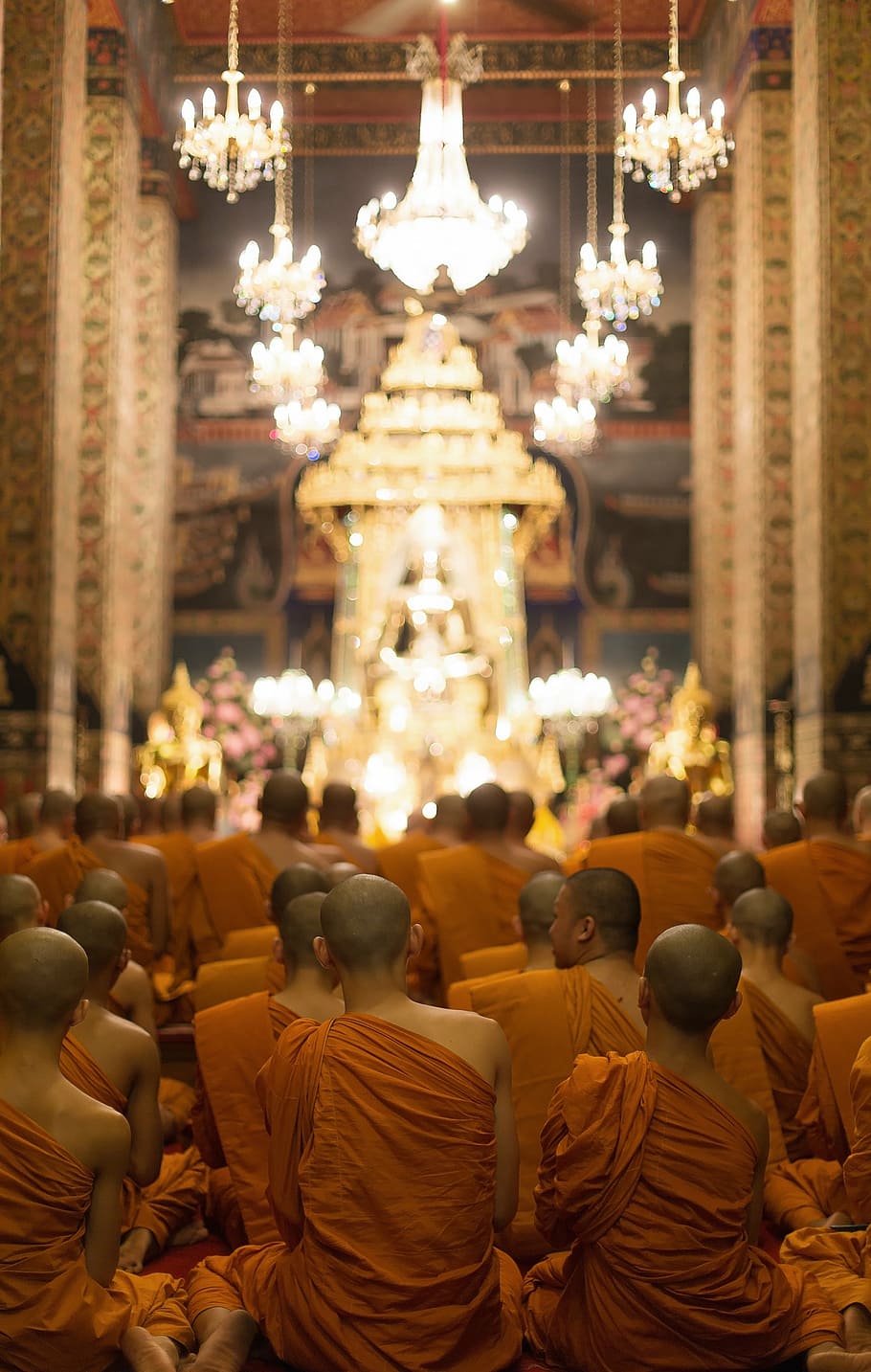 buddhism, temple, monks, thailand, bangkok, prayer, pray, buddhists, orange, cowls