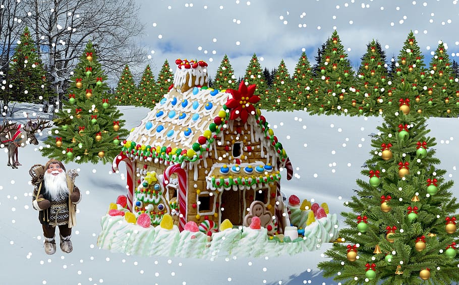 santa claus, candy house illustration, christmas, snow, christmas tree, the winter, christmas card, winter, background, celebration