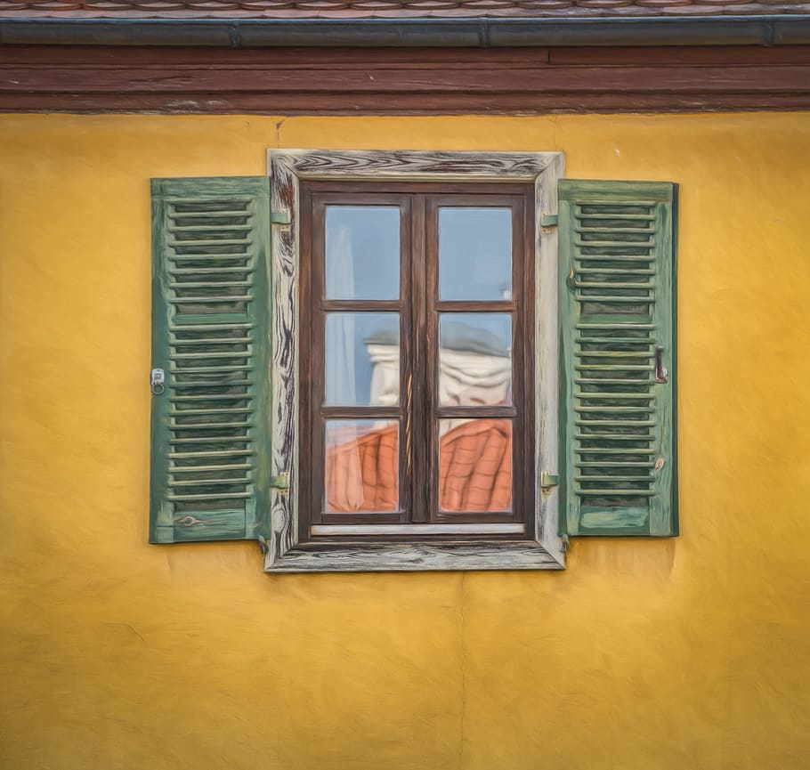 window, facade, yellow, green, artistic, oil effect, architecture, building, truss, old