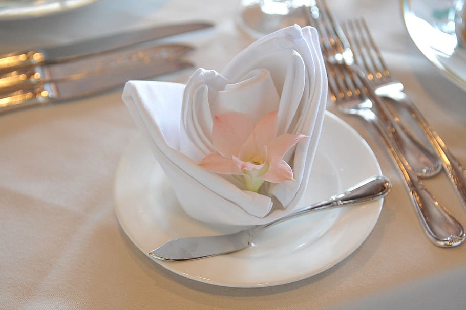 table, napkin arrangement, flower, table set, petal, napkin, wedding, white, flowering plant, eating utensil