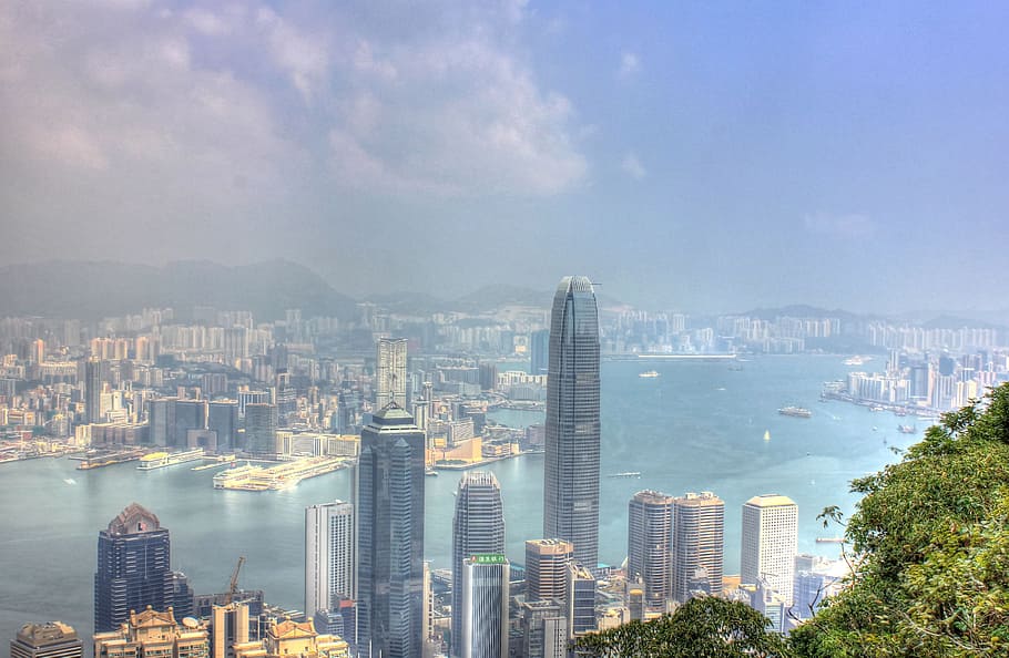 aéreo, vista, edificios de la ciudad, durante el día, Hong Kong, China, Edificios, Rascacielos, Metropole, ciudad