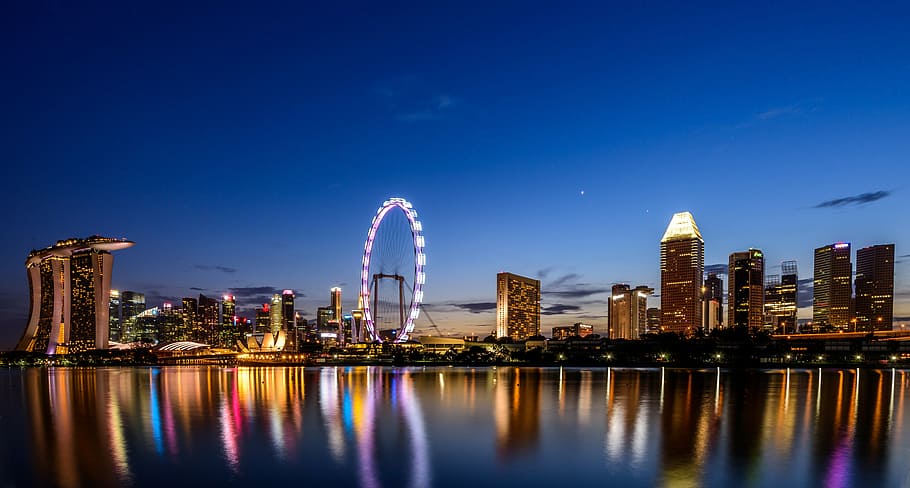 マリーナサンドベイ, シンガポール, ロンドン, 目, 写真, 青, 空, 水, 反射, 都市
