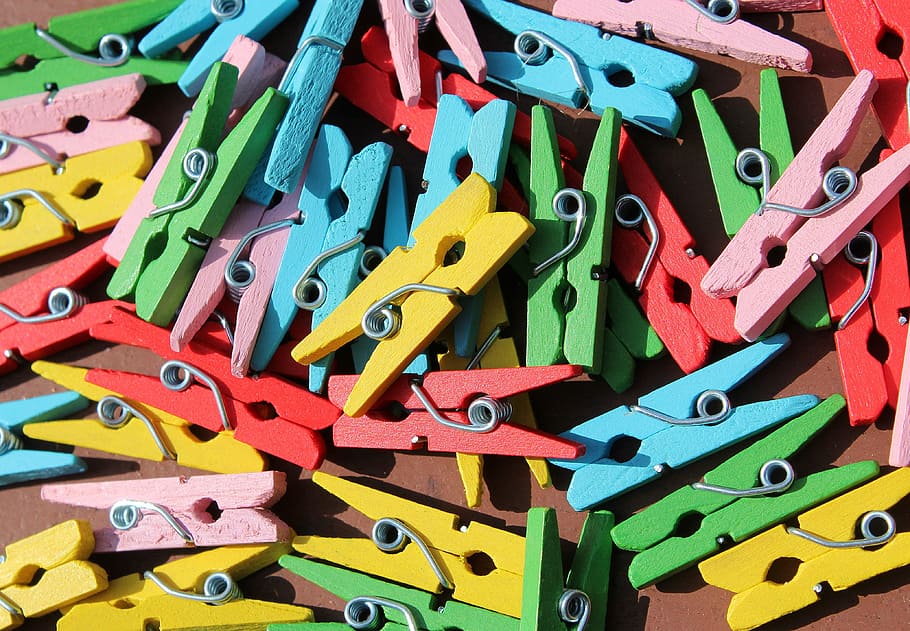 flat, view, assorted-color, wooden, clothespin, buckles, colorful, paper clips, drying, colors