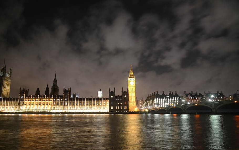 big ben, parliament, london, night, lights, reflection, city, thames river, england, uk