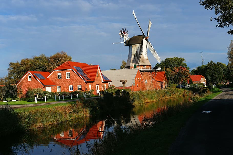 windmill, river, surrounded, trees, wieke, landscape, mill, east frisia, sky, holiday