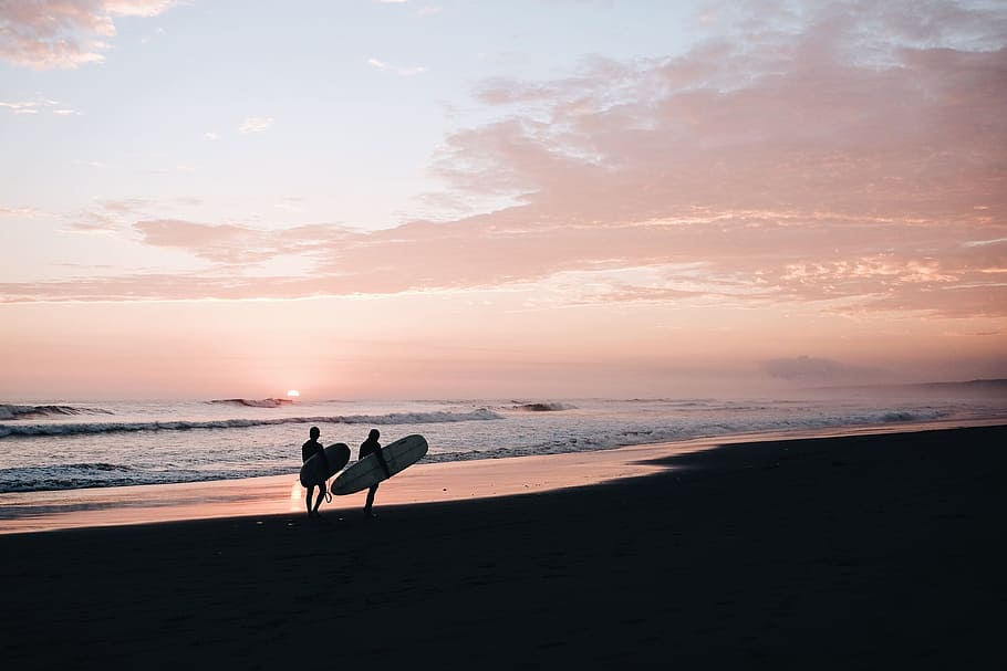 two, person, holding, surfboards, walking, seashore, Beach, Clouds, Coast, Dawn