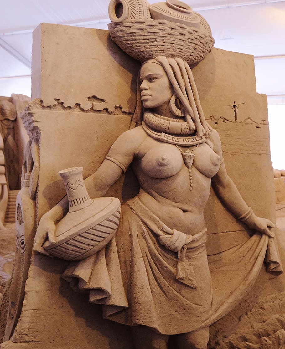 sand sculpture, artwork, mursi woman, young, vessel-bearer, sandworld, africa, art and craft, representation, statue