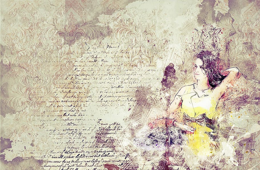 woman, wearing, yellow, shirt painting, dress, art, abstract, scrapbooking, vintage, collage