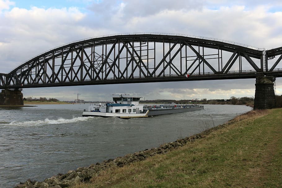 Puente ferroviario, puente de armadura, puente, Rin, Duisburg, barco, empuje, puente - estructura hecha por el hombre, conexión, río