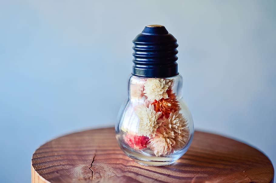 glass, bottle, bulb, dried flowers, colorful, miscellaneous goods, accessories, flowers, blue, indoors