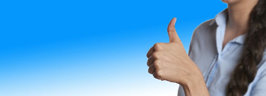woman, wearing, blue, collared, button-up, showing, thumbs, startup, start up, thumb