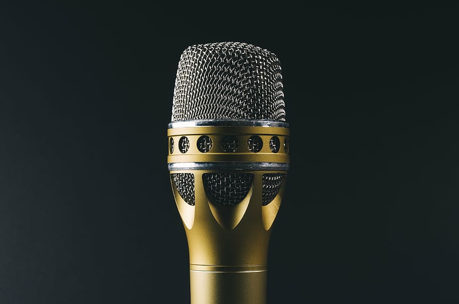 золотой микрофон, аудио, классический, золото, металл, микрофон, запись звука, черный фон, студийный снимок, отдельный объект